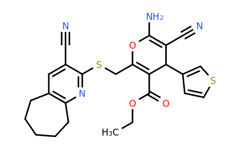 445384-12-3 | Ethyl 6-amino-5-cyano-2-(((3-cyano-6,7,8,9-tetrahydro-5H-cyclohepta[b]pyridin-2-yl)thio)methyl)-4-(thiophen-3-yl)-4H-pyran-3-carboxylate