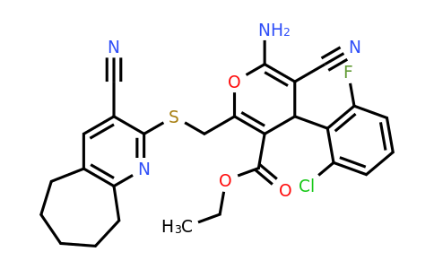 445384-30-5 | Ethyl 6-amino-4-(2-chloro-6-fluorophenyl)-5-cyano-2-(((3-cyano-6,7,8,9-tetrahydro-5H-cyclohepta[b]pyridin-2-yl)thio)methyl)-4H-pyran-3-carboxylate